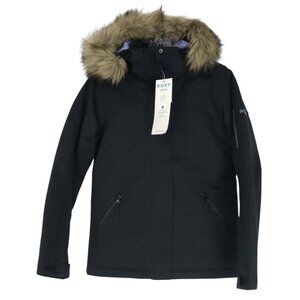 ROXY Ski Jacket Girls Size 14 XL Black Faux Fur Trim Hooded Snowboarding Coat